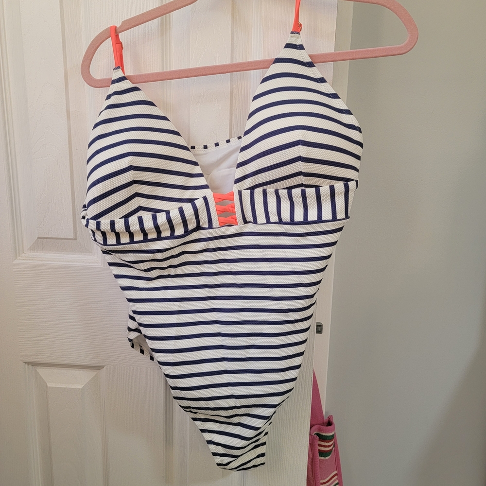 J. Crew Navy and White Striped Swimsuit with Orange Straps